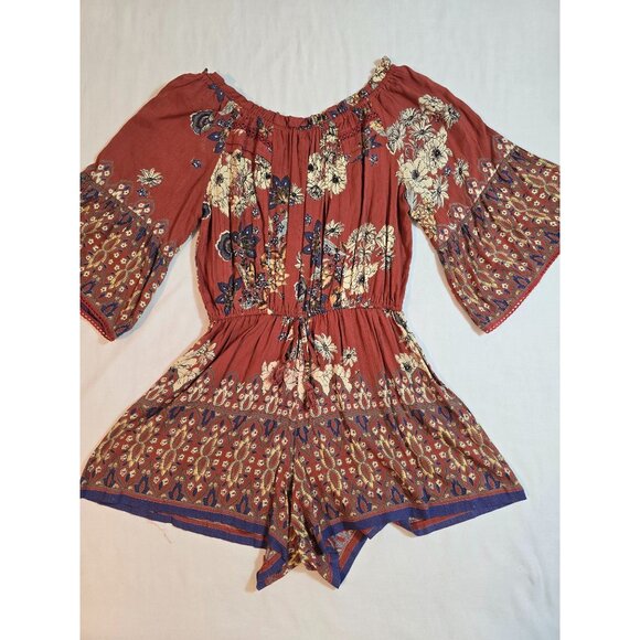 Angie Rust Floral Print Off-Shoulder Romper With Bell Sleeves & Waist Tie Size M - Picture 5 of 15